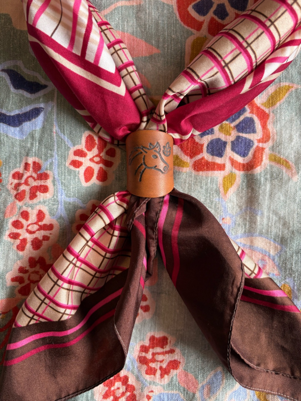 Vintage Pink/Brown Plaid Scarf w/ Leather Horse Slide